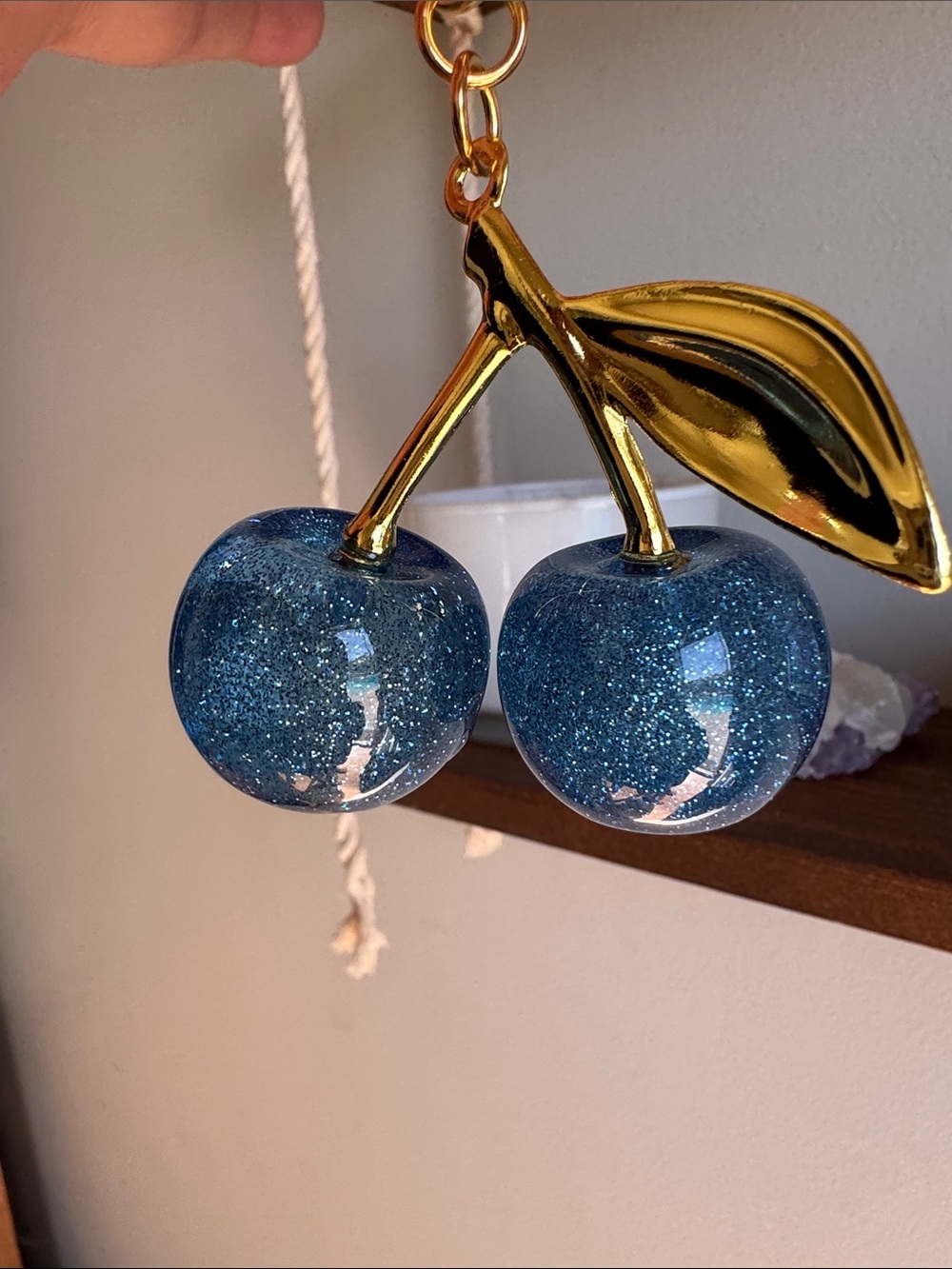 Gold blue Cherry Keychain with Blue Glitter Cherries - Unbranded